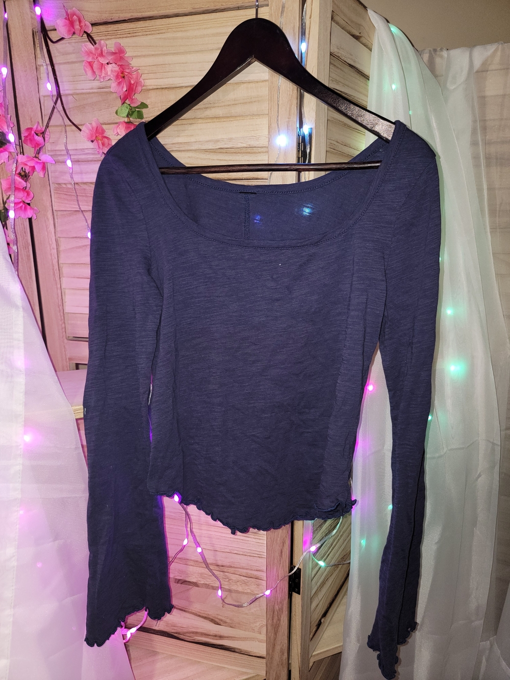 Cotton Navy Blue Y2k Long Sleeve Scoop Neck Women's Top ♡ Size S